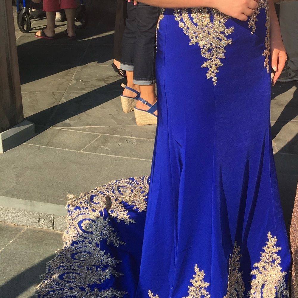 Elegant Royal Blue Gown with Gold Embroidery
